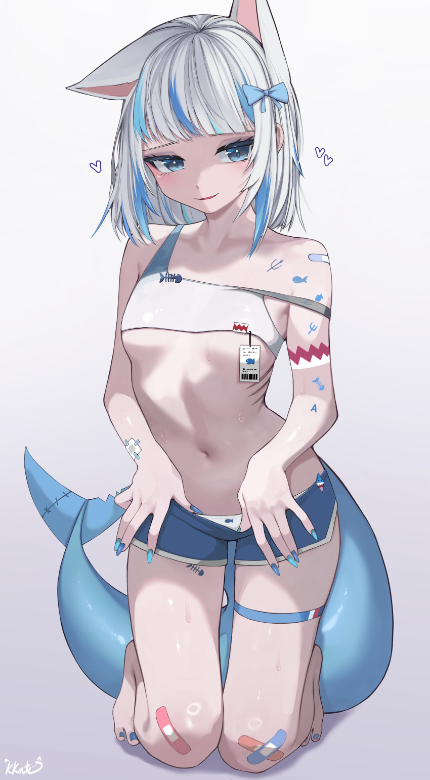 absurdres animal_ears arm_tattoo bandaged_arm bandages bandaid bandaid_on_knee bandaid_on_leg bandaid_on_shoulder barefoot blue_bow blue_eyes blue_hair blue_nails blue_shorts bob_cut bow bra breasts cat_ears clothes_pull fingernails fins fish_tail fish_tattoo gawr_gura gills gradient_background grey_background hair_bow highres hololive hololive_english kkato kneeling midriff multicolored_hair navel panties shark_girl shark_tail sharp_fingernails short_shorts shorts shorts_pull small_breasts smirk streaked_hair tail tattoo thigh_strap two-tone_hair underboob underwear virtual_youtuber white_bra white_hair white_panties