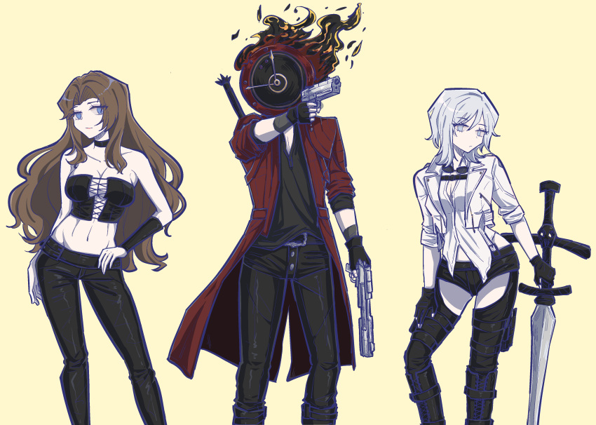 1boy 2girls absurdres black_shirt breasts brown_hair cleavage closed_mouth cowboy_shot dante_(devil_may_cry) faust_(project_moon) gun handgun havent height_difference highres holding holding_gun holding_weapon jacket limbus_company long_hair midriff multiple_girls object_head project_moon rodion_(project_moon) shirt simple_background sword weapon white_eyes white_hair yellow_background