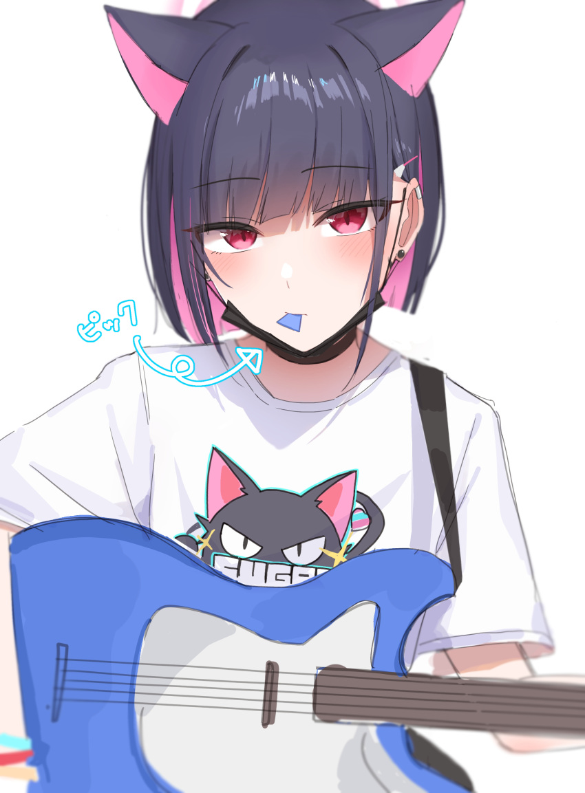 1girl absurdres animal_ears arrow_(symbol) black_hair black_mask blue_archive blush cat_ears colored_inner_hair earclip earrings extra_ears halo highres holding holding_bass holding_plectrum illust_ruta jewelry kazusa_(band)_(blue_archive) kazusa_(blue_archive) logo looking_at_viewer mask mask_pull mouth_hold mouth_mask multicolored_hair pink_eyes pink_hair plectrum print_shirt shirt short_hair short_sleeves simple_background solo stud_earrings translation_request two-tone_hair upper_body white_background