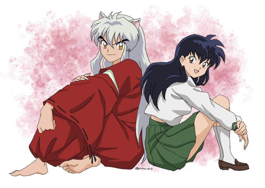 1boy 1girl :d animal_ears bare_shoulders black_hair brown_eyes brown_footwear closed_mouth dog_ears full_body green_skirt hair_between_eyes highres higurashi_kagome inuyasha inuyasha_(character) japanese_clothes kimono long_hair long_sleeves looking_at_viewer open_mouth pinoko_(pnk623) pleated_skirt red_kimono shirt shoes sitting skirt smile socks twitter_username white_hair white_shirt wide_sleeves yellow_eyes