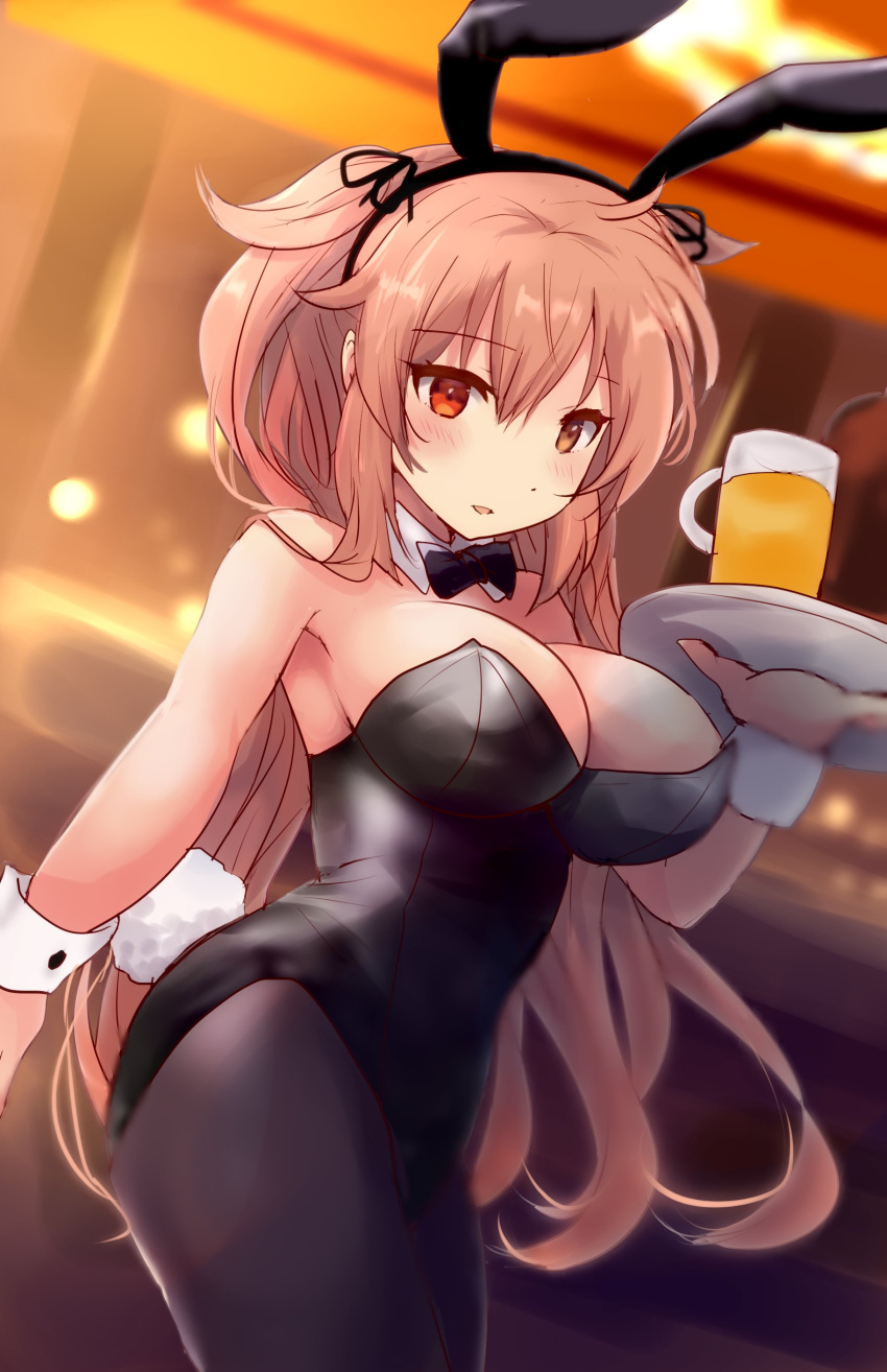 1girl absurdres animal_ears bar_(place) bare_shoulders beer_mug black_leotard black_pantyhose blurry blurry_background blush bow bowtie breasts brown_eyes cleavage commentary covered_navel cup detached_collar fake_animal_ears fake_tail hair_between_eyes hair_flaps hair_ornament hair_ribbon hairclip heterochromia highres hirune_(konekonelkk) indoors kantai_collection large_breasts leotard light_brown_hair long_hair looking_at_viewer mug murasame_(kancolle) murasame_kai_ni_(kancolle) open_mouth pantyhose playboy_bunny rabbit_ears rabbit_tail red_eyes ribbon smile solo strapless strapless_leotard tail traditional_bowtie tray two_side_up waitress wrist_cuffs