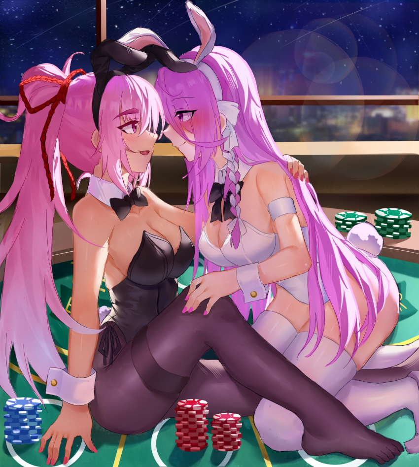 2girls absurdres animal_ears black_bow black_leotard black_pantyhose bow breasts casino casino_card_table dark_skin fake_animal_ears hair_over_one_eye heaven_burns_red highleg highleg_leotard highres kura_satomi large_breasts leotard lidce long_hair multiple_girls night pantyhose pink_hair playboy_bunny poker_chip ponytail rabbit_ears rabbit_tail red_eyes side-tie_leotard strapless strapless_leotard table tail tsukishiro_monaka very_long_hair yuri