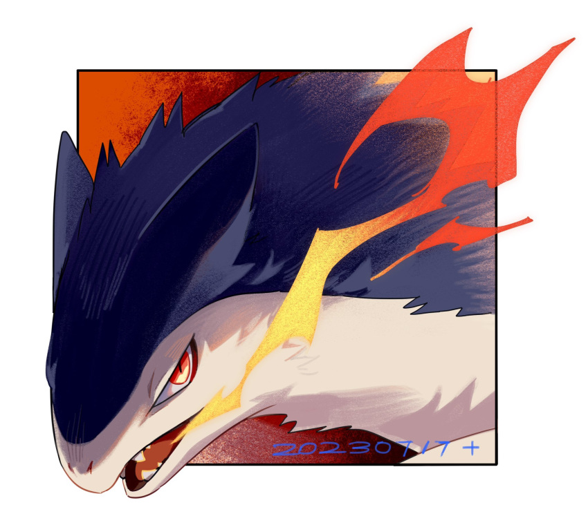 black_fur dated dg_jia fangs fire highres no_humans open_mouth pokemon pokemon_(creature) red_eyes tongue typhlosion white_fur