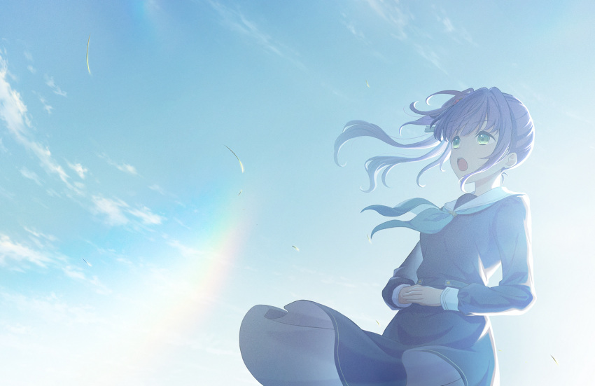 1girl :o backlighting blue_sky cloud floating_clothes floating_hair flower game_cg green_eyes hair_flower hair_ornament highres lens_flare link!_like!_love_live! lone_nape_hair long_hair looking_afar love_live! official_art open_mouth otomune_kozue own_hands_together purple_hair red_flower side_ponytail sidelocks sky solo teeth third-party_source upper_teeth_only virtual_youtuber wide_shot