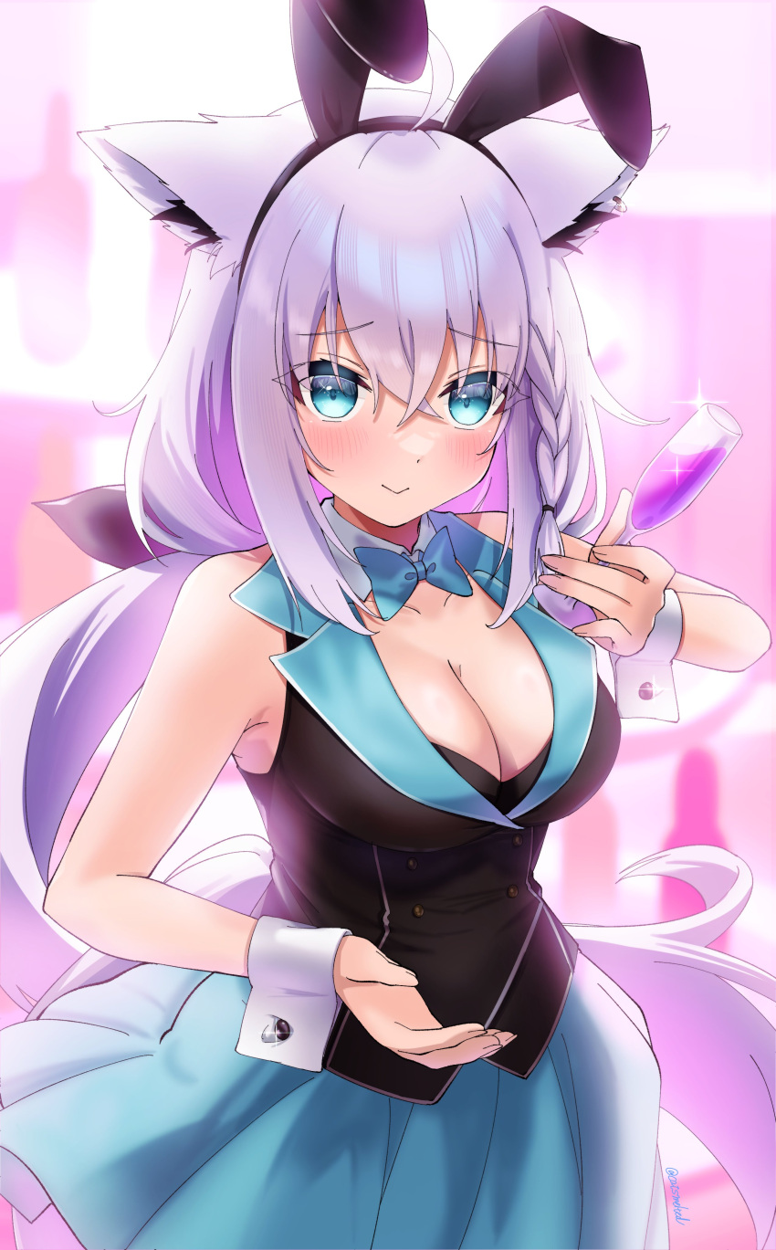 1girl absurdres ahoge animal_ear_fluff animal_ears bare_arms blue_bow blue_bowtie blue_skirt blurry blurry_background blush bow bowtie braid breasts bunny_garden cleavage commentary_request cup detached_collar drinking_glass earrings fake_animal_ears fox_ears fox_girl fox_tail green_eyes hair_between_eyes highres holding holding_cup hololive jewelry large_breasts long_hair looking_at_viewer rabbit_ears shirakami_fubuki sidelocks single_braid skirt smile solo tail toketa_neko virtual_youtuber white_hair wine_glass wrist_cuffs