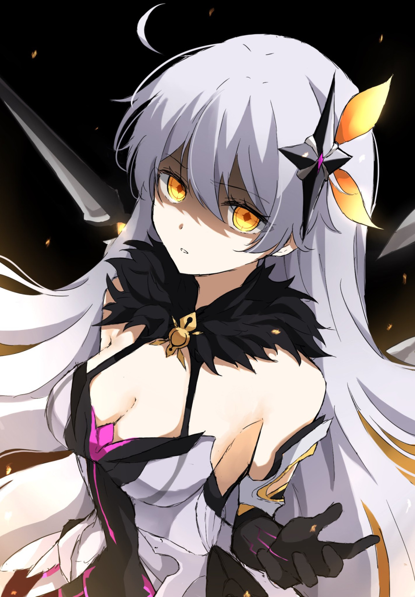 1girl ahoge armor armored_dress black_background black_dress black_gloves breasts cleavage commentary_request detached_ahoge diamond-shaped_pupils diamond_(shape) dress elbow_gloves eyelashes fur_collar gloves hair_between_eyes hair_ornament hand_up highres honkai_(series) honkai_impact_3rd kiana_kaslana kiana_kaslana_(herrscher_of_the_void) large_breasts long_hair looking_at_viewer parted_lips shaded_face sidelocks simple_background sleeveless sleeveless_dress solo symbol-shaped_pupils very_long_hair white_dress white_hair yellow_eyes yudemame1027