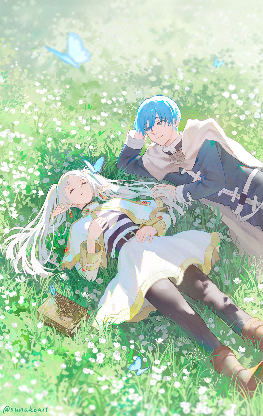1boy 1girl blue_hair book bug butterfly cape capelet closed_eyes frieren highres himmel_(sousou_no_frieren) looking_at_another pantyhose pointy_ears short_hair sousou_no_frieren sunako_(veera) twintails white_capelet white_hair