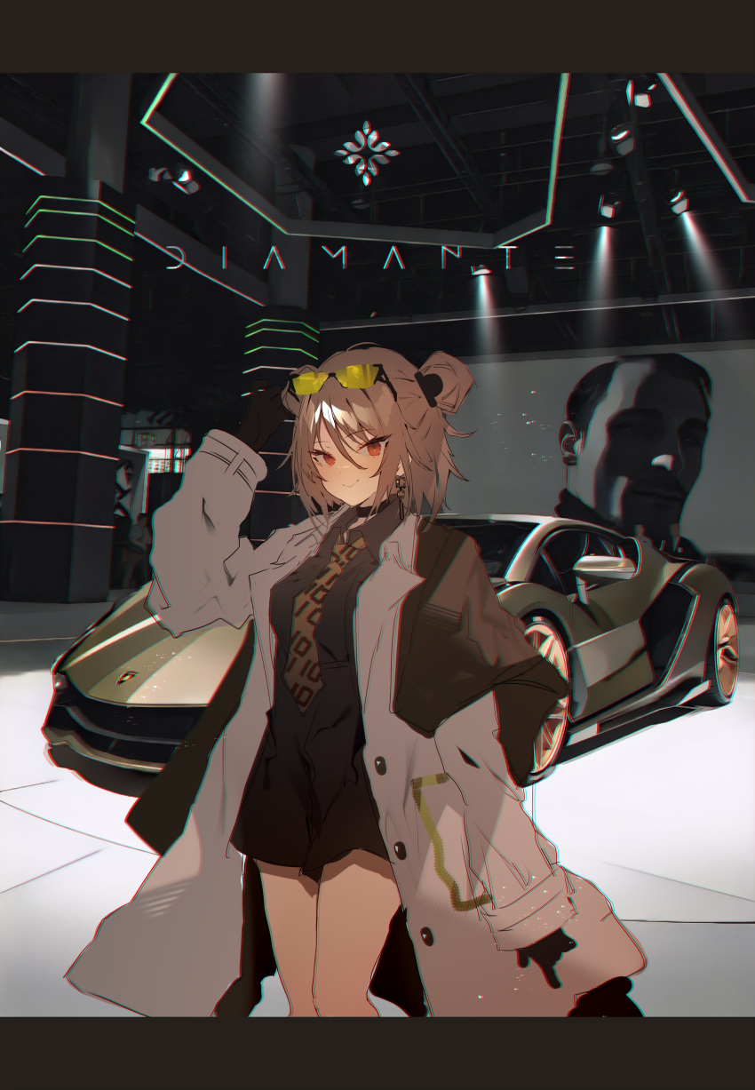 1girl absurdres black_gloves black_shirt brown_coat brown_necktie buttons car coat collared_shirt double_bun earrings eyewear_on_head fishnet_dress girls'_frontline gloves grey_coat hair_bun hand_up highres indoors jewelry light_brown_hair looking_at_viewer motor_vehicle necktie official_alternate_costume open_clothes open_coat p90_(girls'_frontline) p90_(the_girl_from_b.e.l)_(girls'_frontline) red_eyes shirt solo soukou_makura sunglasses tinted_eyewear yellow-tinted_eyewear