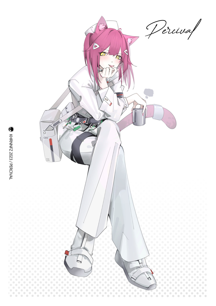 1girl :p absurdres animal_ears arknights artist_name bag belt cat_ears cat_girl cat_tail character_name cup hair_ornament hat highres holding holding_cup khrnnfz looking_at_viewer pants percival_(arknights) pink_hair shirt simple_background suit tail tongue tongue_out white_hair white_hat white_pants white_shirt white_suit yellow_eyes