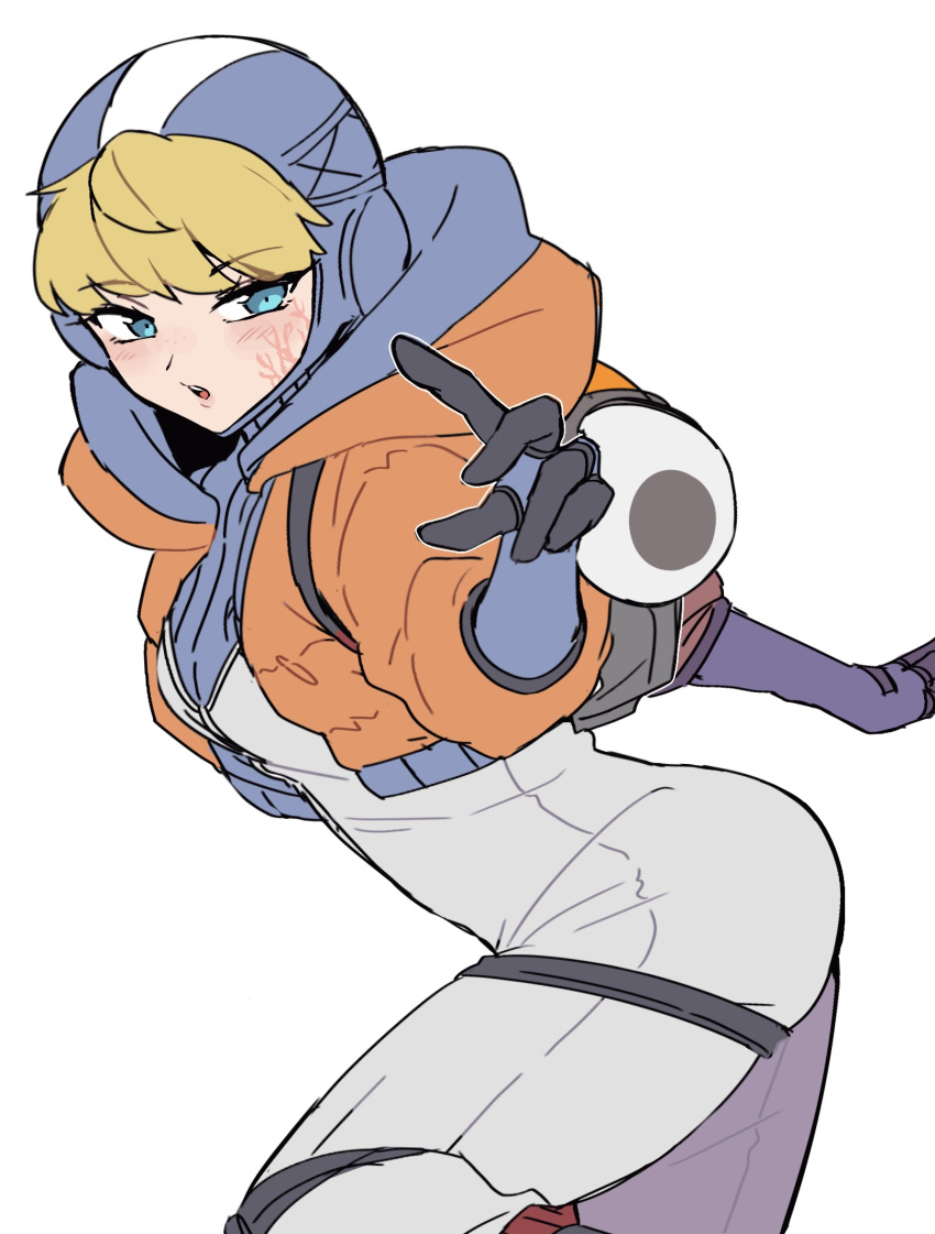 1girl animification apex_legends blonde_hair blue_eyes blue_gloves bodysuit commentary from_side gloves highres hood hood_down hood_up hooded_jacket jacket leaning_forward nojima_minami open_hand open_mouth orange_jacket ribbed_bodysuit scar scar_on_cheek scar_on_face solo symbol-only_commentary wattson_(apex_legends) white_background white_bodysuit