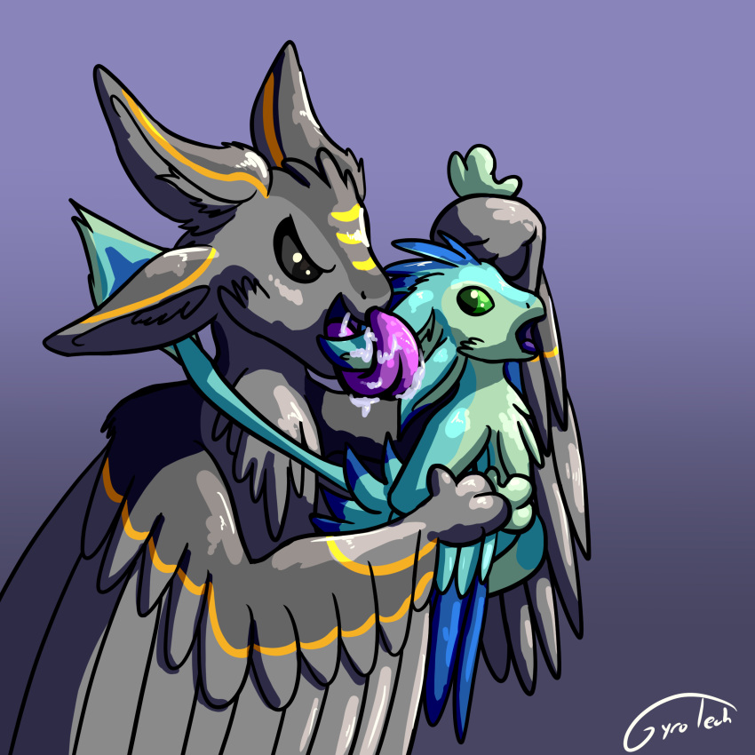 4_ears absurd_res anthro anthro_pred anthro_prey avali blue_body blue_feathers countershading dewclaw digitigrade duo ear_lick feathered_crest feathered_wings feathers female green_body green_eyes gyrotech head_crest hi_res holding_another holding_arm imminent_vore larger_pred licking luvashi multi_ear tongue winged_arms wings