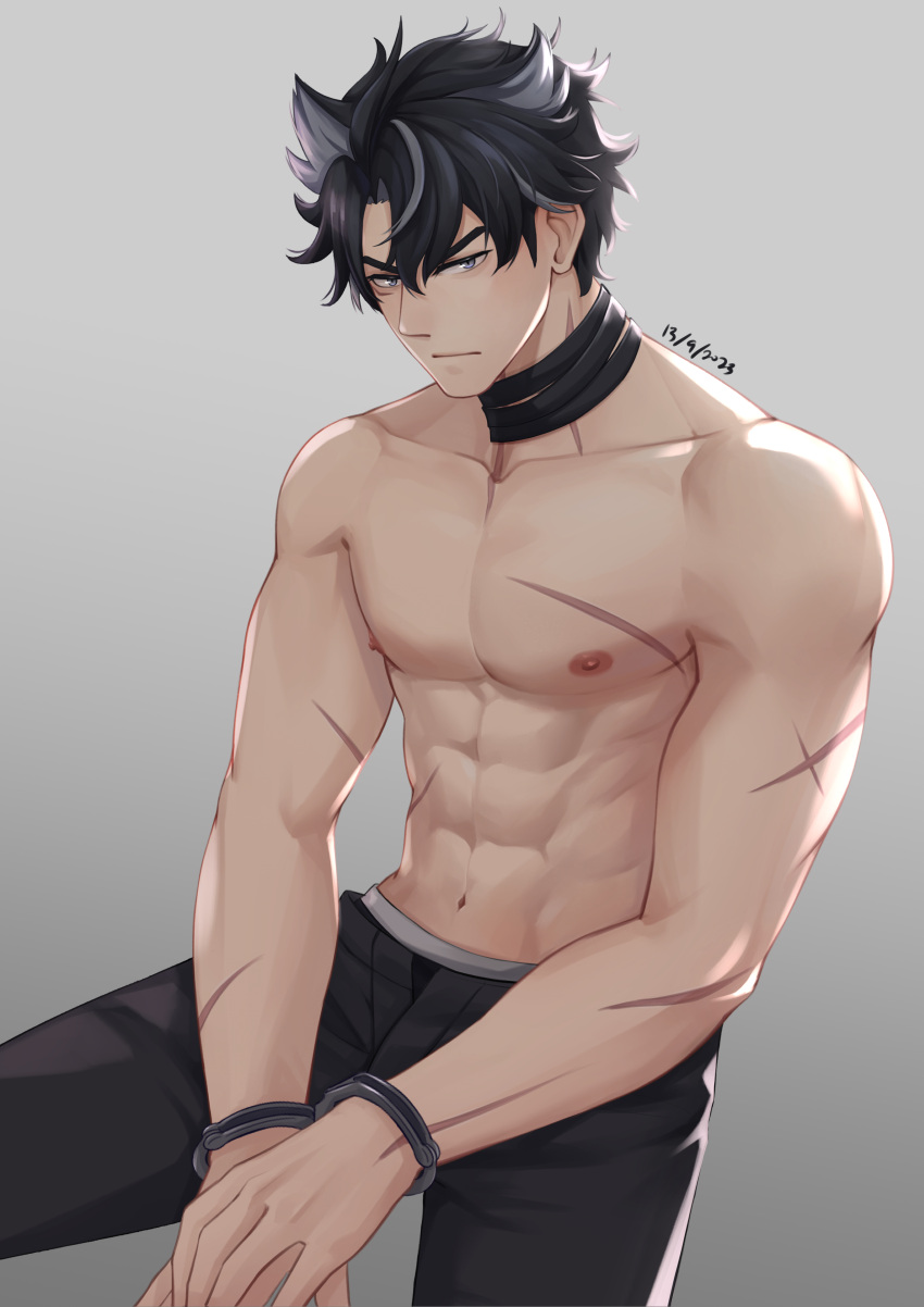 1boy abs absurdres bandaged_neck bandages black_hair black_pants genshin_impact grey_hair hair_between_eyes highres kirene88 male_focus multicolored_hair muscular muscular_male navel nipples pants scar scar_on_arm scar_on_neck short_hair solo stomach topless_male wriothesley_(genshin_impact)