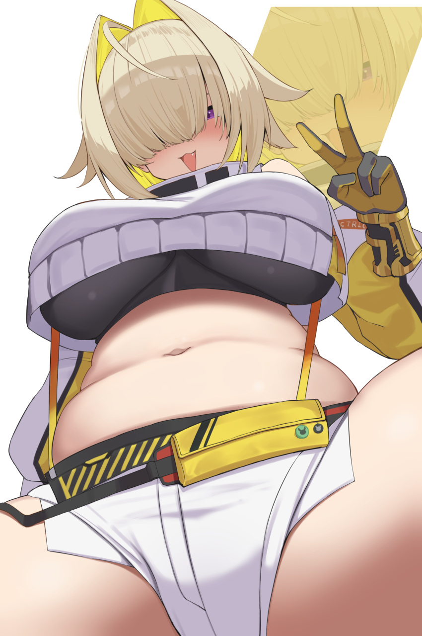 1girl belt black_belt black_sports_bra blonde_hair blush breasts commentary crop_top crop_top_overhang elegg_(nikke) exposed_pocket fang from_below gloves goddess_of_victory:_nikke grey_gloves hair_over_eyes hand_up highres large_breasts long_sleeves looking_at_viewer looking_down medium_hair multicolored_hair navel open_mouth plump purple_eyes short_shorts shorts simple_background smile sports_bra spread_legs stomach suspenders thick_thighs thighs two-tone_gloves two-tone_hair v wabimochi white_background white_shorts yellow_gloves zoom_layer