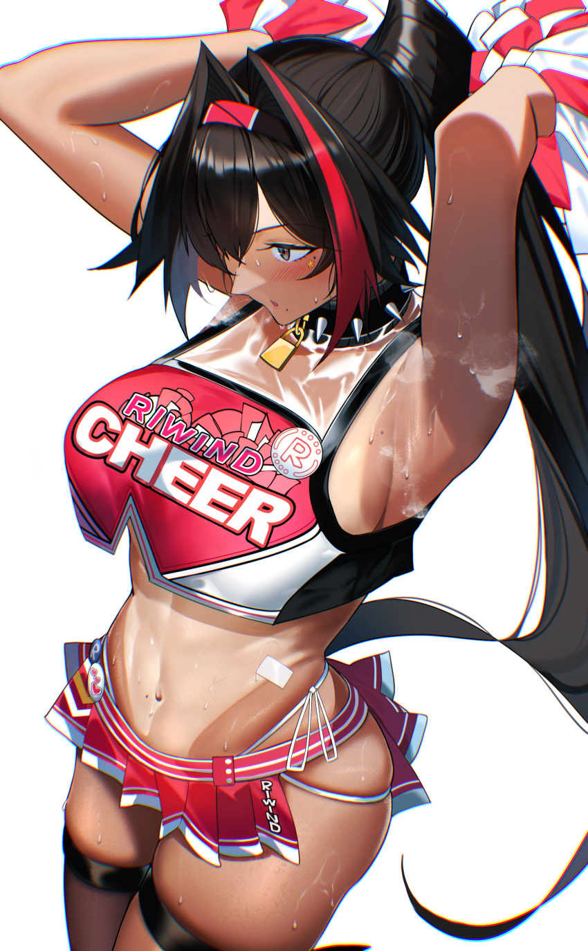 1girl :o absurdres armpits arms_up bandaid_on_stomach bare_shoulders bay_(nikke) black_hair black_thighhighs blush breasts cheerleader collar crop_top dark-skinned_female dark_skin goddess_of_victory:_nikke hair_intakes hairband highleg highleg_panties highres holding holding_pom_poms large_breasts lock long_hair mole mole_on_breast mole_on_stomach mole_under_eye mole_under_mouth multicolored_hair navel padlock padlocked_collar panties pom_pom_(cheerleading) ponytail red_hair side-tie_panties single_thighhigh skindentation skirt solo spiked_collar spikes star_sticker steaming_body sticker_on_face stomach streaked_hair tan tanlines thigh_strap thighhighs thighs toned two-tone_skirt two-tone_tank_top underwear usagits_00 very_long_hair white_background white_panties