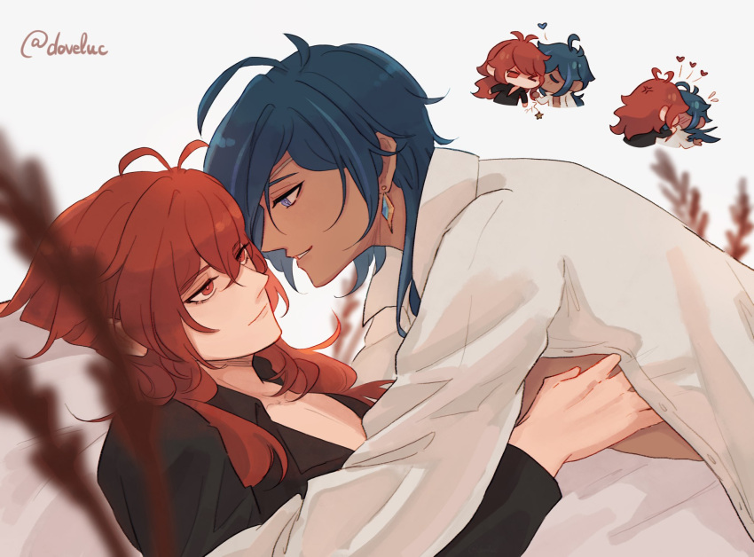 2boys black_shirt blue_eyes closed_mouth dark-skinned_male dark_skin diluc_(genshin_impact) doveluc earrings genshin_impact hair_between_eyes highres jewelry kaeya_(genshin_impact) long_hair long_sleeves male_focus multiple_boys pillow red_eyes red_hair shirt twitter_username white_shirt yaoi