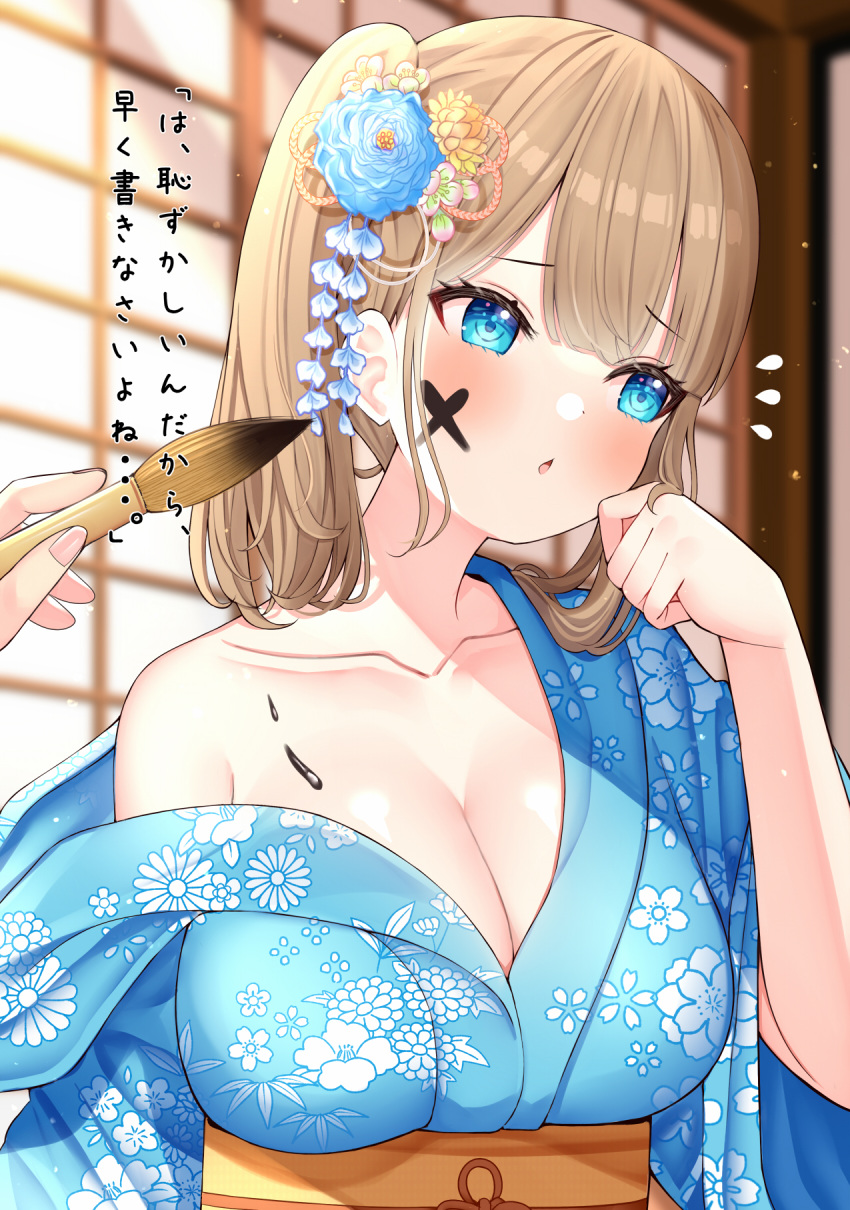 1girl blonde_hair blue_eyes blue_flower blue_kimono blush breasts cleavage collarbone comiket_100 drawing_on_another's_face facial_mark floral_print_kimono flower flying_sweatdrops hair_flower hair_ornament highres holding holding_paintbrush japanese_clothes kimono mizukoshi_(marumi) obi orange_sash original paint_on_body paintbrush sash side_ponytail single_bare_shoulder translation_request upper_body yellow_flower