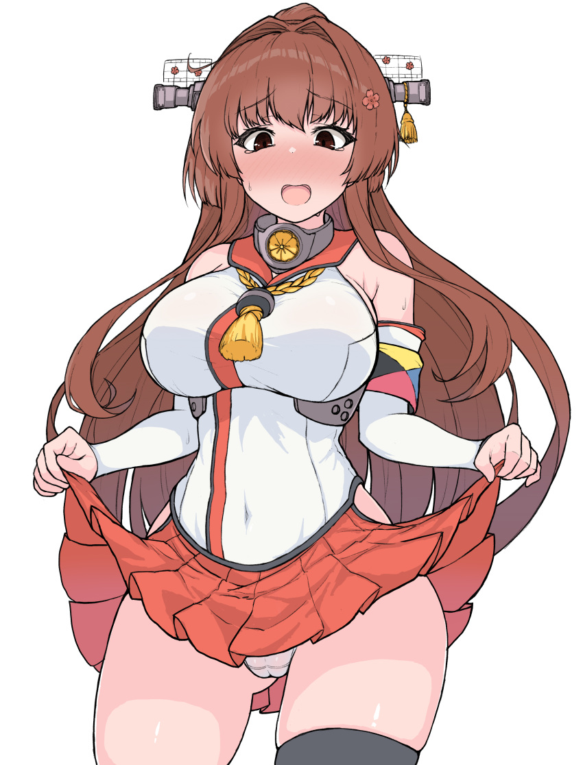1girl absurdres armband bare_shoulders black_thighhighs blush breasts brown_eyes brown_hair cameltoe cherry_blossoms clothes_lift clothing_cutout collar embarrassed flower hair_flower hair_intakes hair_ornament headgear highres hip_vent kantai_collection kinakomochi_(testament05) large_breasts lifted_by_self long_hair metal_collar miniskirt nose_blush open_mouth panties pleated_skirt ponytail red_skirt red_umbrella sakuramon shoulder_cutout sidelocks single_thighhigh skirt skirt_lift solo sweatdrop thighhighs umbrella underwear very_long_hair white_panties yamato_(kancolle) z_flag