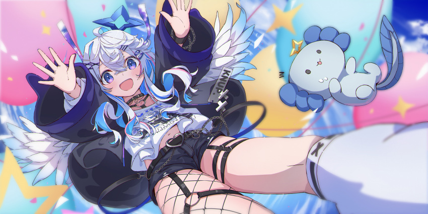 1girl absurdres amane_kanata amane_kanata_(punk_rock) angel_wings black_jacket black_shorts blue_hair blush chain character_print colored_inner_hair falling fishnet_pantyhose fishnets grey_hair hair_between_eyes hair_ornament hairclip halo harness heart_o-ring highres hololive jacket juu_p long_hair long_sleeves looking_at_viewer midair mini_wings multicolored_hair navel o-ring o-ring_harness official_alternate_costume open_clothes open_jacket open_mouth outdoors pantyhose pink_hair print_shirt purple_eyes self_character_print shirt short_shorts shorts single_leg_pantyhose smile socks solo star_halo thigh_strap upao_(amane_kanata) virtual_youtuber white_shirt white_socks wide_sleeves wings x_hair_ornament