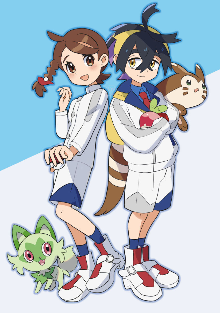 1boy 1girl :d ahoge applin black_hair blue_shirt blue_socks blush braid brown_eyes brown_hair buttons collared_shirt commentary_request eyelashes furret hairband highres holding holding_poke_ball holding_pokemon jacket juliana_(pokemon) kieran_(pokemon) long_sleeves necktie open_mouth orange_(orangelv20) poke_ball poke_ball_(basic) pokemon pokemon_(creature) pokemon_sv red_necktie shirt shoes shorts smile socks sprigatito standing white_footwear white_jacket white_shorts yellow_hairband