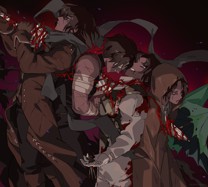 4boys armor bandage_over_one_eye barbed_wire black_pants black_vest blazemalefica blood blood_from_mouth blood_on_clothes boots brown_coat brown_footwear brown_gloves brown_hair brown_raincoat coat collared_shirt commentary crying dark-skinned_male dark_skin dual_persona e.g.o_(project_moon) english_commentary erlking_heathcliff_(project_moon) flower gloves greatsword grey_shirt heathcliff_(project_moon) highres impaled limbus_company multiple_boys multiple_persona nail necktie nosebleed pants petals project_moon purple_eyes purple_flower raincoat scar scar_on_arm scar_on_face scarf shirt short_hair sleeveless sleeveless_shirt sword talisman tears umbrella vest wax_seal weapon white_gloves white_necktie