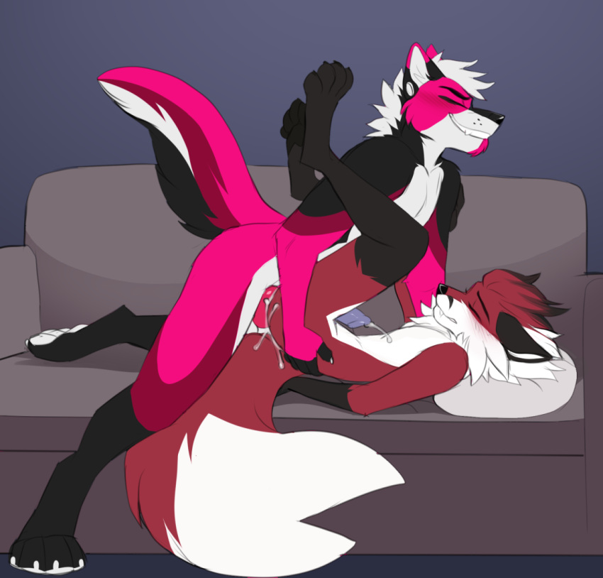 anal anthro bodily_fluids canid canine canis cum duo ejaculation eyes_closed fluffy fluffy_tail fox furniture genital_fluids genitals jailbird legs_up lying male male/male mammal on_back penis side_view smile sofa tail wolf zoru