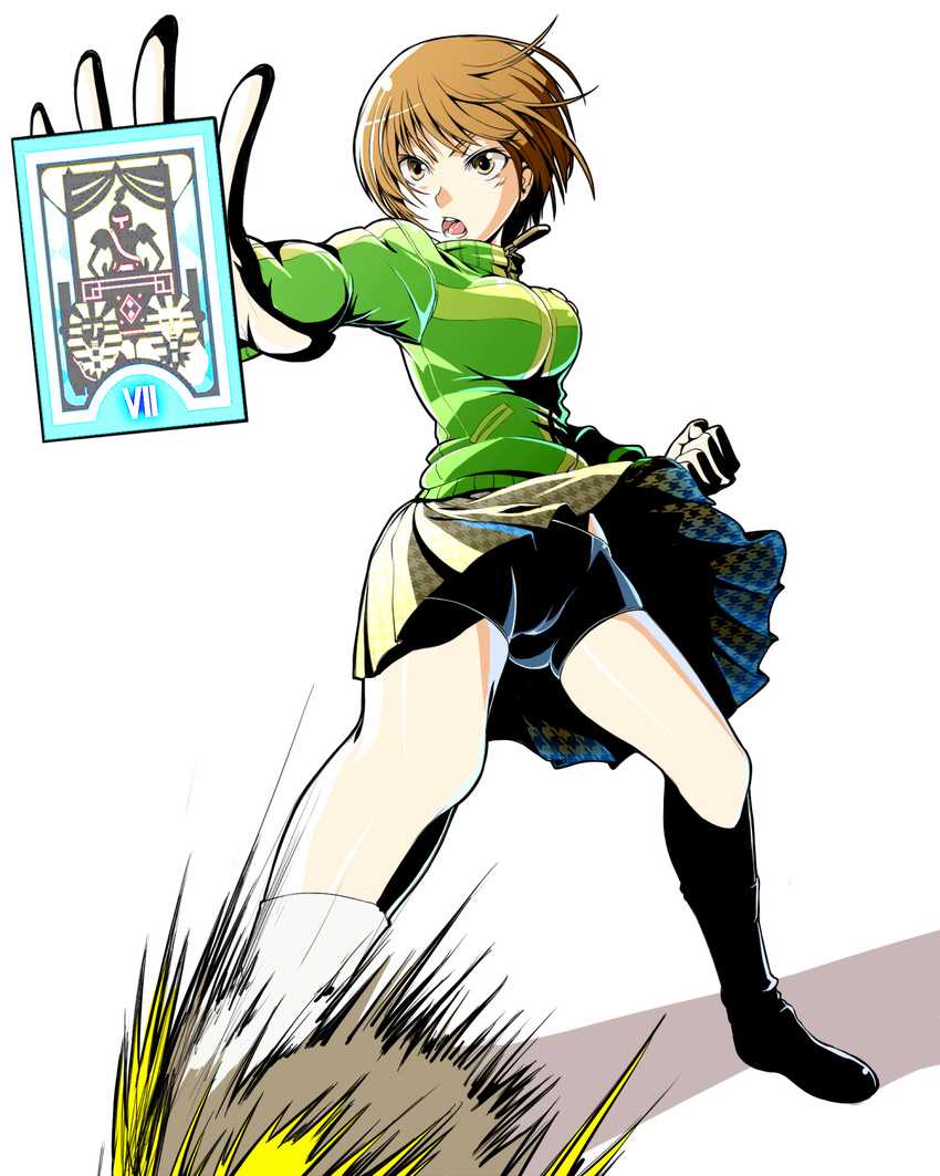 bike_shorts breasts brown_eyes brown_hair cameltoe card clenched_hand fighting_stance flat_color highres houndstooth jacket kyo9999 large_breasts persona persona_4 satonaka_chie short_hair shorts shorts_under_skirt simple_background solo tarot track_jacket upskirt wind wind_lift zipper