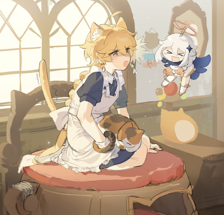 &gt;_&lt; 1boy 1girl aether_(genshin_impact) ahoge alternate_costume animal_ear_fluff animal_ears apron artist_name back_bow black_dress blonde_hair blue_scarf blush boots bow braid cat_ears cat_tail cho_kooooo closed_eyes collared_dress commentary_request crossdressing crystal_hair_ornament dress earrings enmaided flying frills genshin_impact hair_between_eyes hair_ornament halo highres indoors jewelry kemonomimi_mode laughing long_hair long_sleeves looking_at_another maid mechanical_halo open_mouth paimon_(genshin_impact) picture_frame puffy_long_sleeves puffy_short_sleeves puffy_sleeves romper scarf seiza shaded_face shadow short_hair short_sleeves single_earring sitting smile tail tearing_up v-shaped_eyebrows white_apron white_bow white_footwear white_hair white_romper window wrist_cuffs yellow_eyes