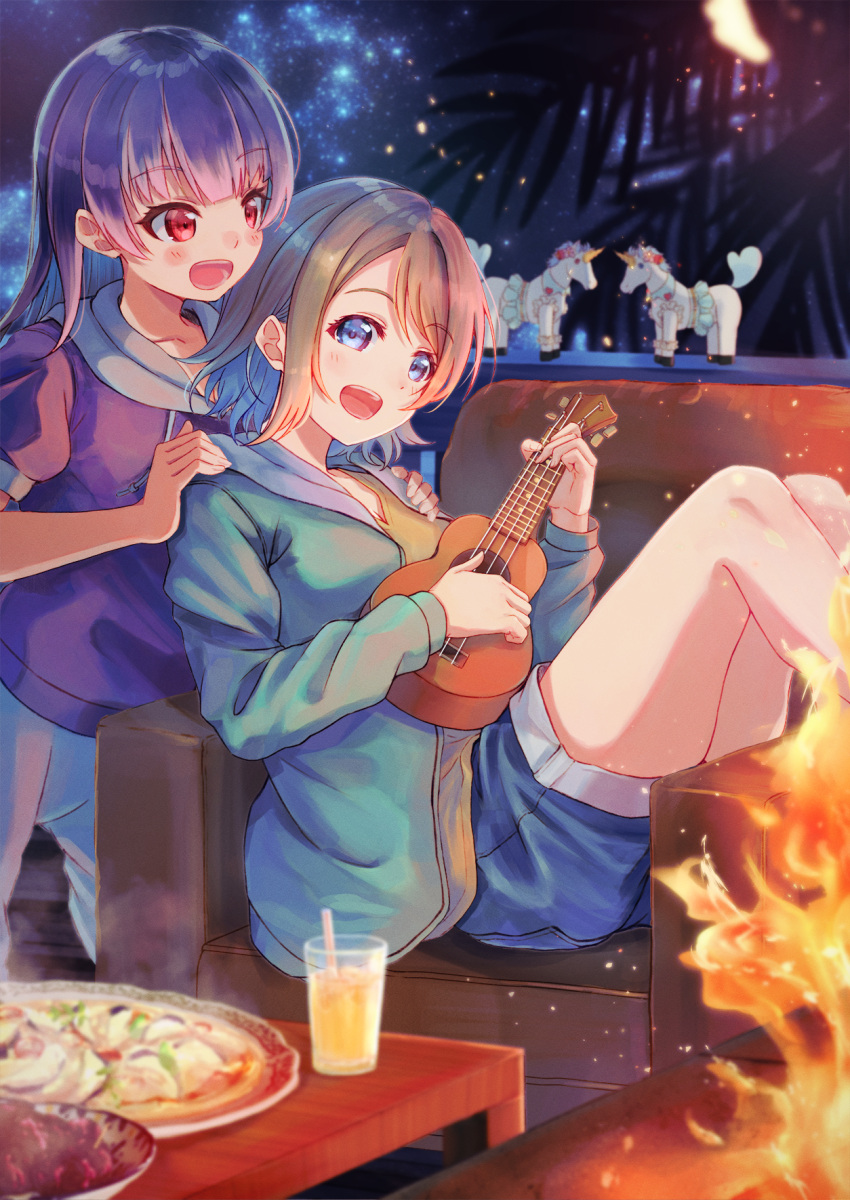 2girls blue_eyes blunt_bangs blush chair commentary cup denim denim_shorts drink drinking_straw fire food green_hoodie grey_hair hands_on_another's_shoulders highres holding holding_instrument hood hood_down hoodie instrument jacket knees_up long_hair long_sleeves love_live! love_live!_sunshine!! macken multiple_girls music night night_sky open_mouth outdoors pants playing_instrument purple_hoodie red_eyes shirt short_hair short_sleeves shorts sitting sky smile star_(sky) table tsushima_yoshiko ukulele unicorn watanabe_you