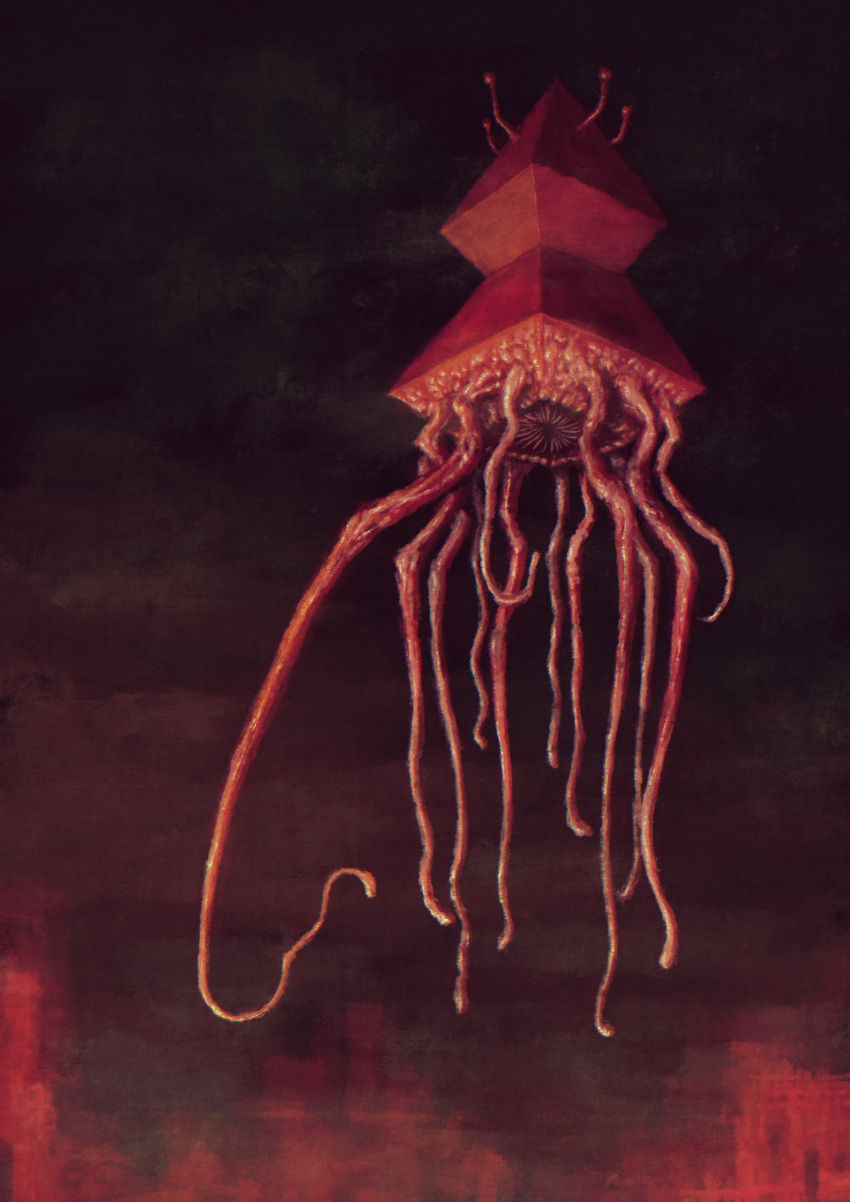 absurdres commentary_request dark eldritch_abomination flesh floating fog full_body guru highres horror_(theme) monster no_eyes no_humans original red_theme tentacles