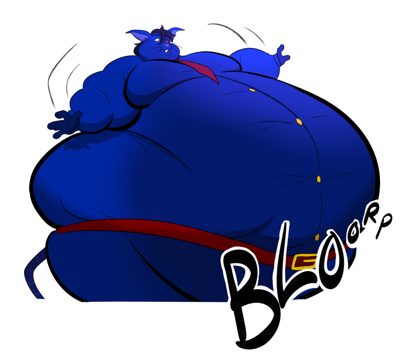 13uckaroo anthro belly belt big_belly blorp blue_body blue_fur blue_hair blueberry_inflation body_inflation buckteeth button_(fastener) cheek_bulge clothed clothing english_text eye_patch eyewear fur hair hi_res inflation love_handles male mammal moobs motion_lines murid murine necktie overweight overweight_anthro overweight_male rat rattos_rongeur rodent simple_background solo sound_effects straining_buttons teeth text tight_clothing whiskers white_background