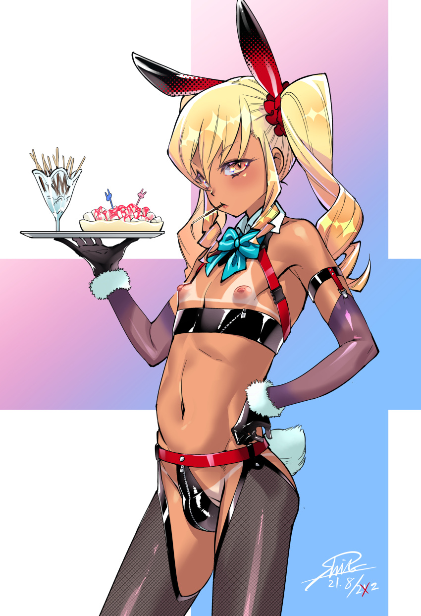 1boy absurdres androgynous animal_ears aqua_bow aqua_bowtie bikini_tan black_gloves blonde_hair bow bowtie bulge crotch_zipper dated detached_collar detached_sleeves food food_in_mouth gloves highres holding holding_tray male_focus male_playboy_bunny marshmallow navel nipples original otoko_no_ko pocky pocky_in_mouth rabbit_ears rabbit_tail shirou signature solo tail tan tanlines testicle_peek tray twintails yellow_eyes zipper