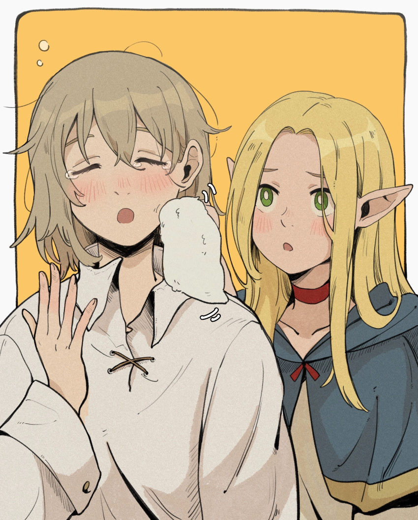 2girls :o absurdres blonde_hair blue_capelet blush capelet choker closed_eyes dungeon_meshi falin_touden green_eyes highres just_a_pot long_hair marcille_donato multiple_girls open_mouth pointy_ears red_choker simple_background sleepy tearing_up yawning