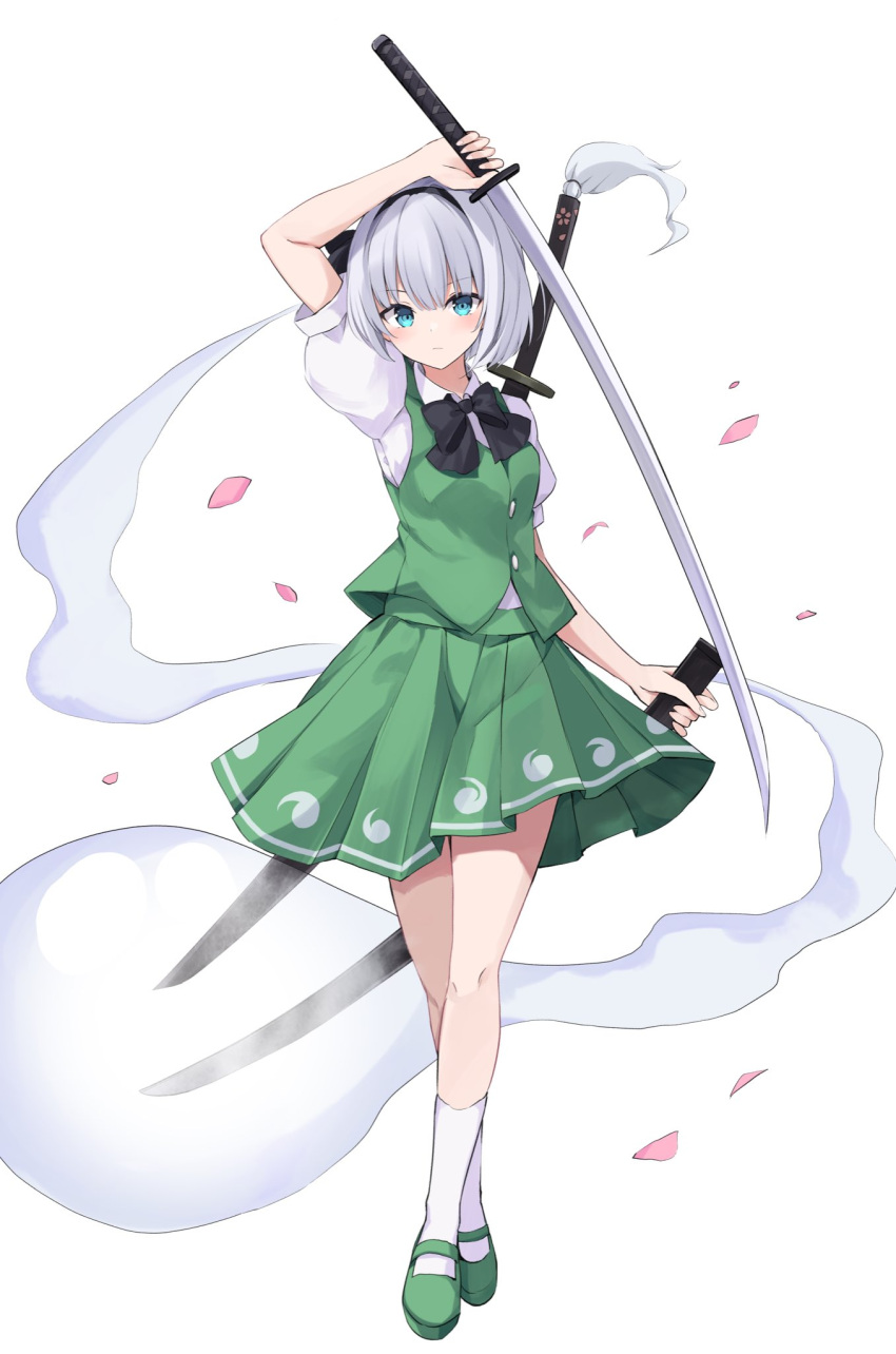 1girl black_bow black_bowtie black_hairband blue_eyes bow bowtie closed_mouth commentary falling_petals green_footwear green_vest grey_hair hairband highres hitodama hitodama_print holding holding_sheath holding_sword holding_weapon hyurasan katana konpaku_youmu konpaku_youmu_(ghost) light_blush looking_at_viewer petals pink_petals puffy_short_sleeves puffy_sleeves sheath sheathed shirt short_hair short_sleeves skirt skirt_set socks solo sword touhou unsheathed vest weapon white_shirt white_socks