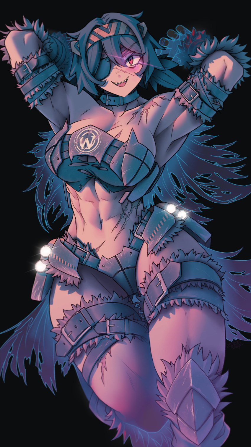 1girl :d abs absurdres arms_up belt black_background breasts brown_hair choker eyepatch fur_trim glowing glowing_eye headband highres large_breasts looking_at_viewer muscular muscular_female navel original red_eyes revealing_clothes scar sharp_teeth short_hair signature smile solo teeth torn_clothes very_short_hair zhvo