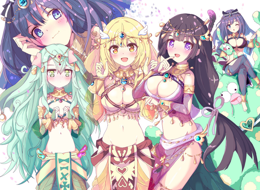 4girls absurdres animal_ears armlet black_hair blonde_hair blue_eyes blue_gemstone blue_hair blunt_bangs blush breasts brooch circlet clear_(princess_connect!) cleavage dancer fingerless_gloves gem gloves green_eyes green_gemstone green_hair groin hair_between_eyes hair_ornament harem_outfit highres jewelry large_breasts lily_(princess_connect!) medium_breasts messy_hair midriff misora_(princess_connect!) multiple_girls navel open_mouth pelvic_curtain pig_ears pig_girl precia_(princess_connect!) princess_connect! purple_eyes purple_gemstone see-through see-through_sleeves small_breasts smile wing_hair_ornament yamada_(hvcij) yellow_eyes