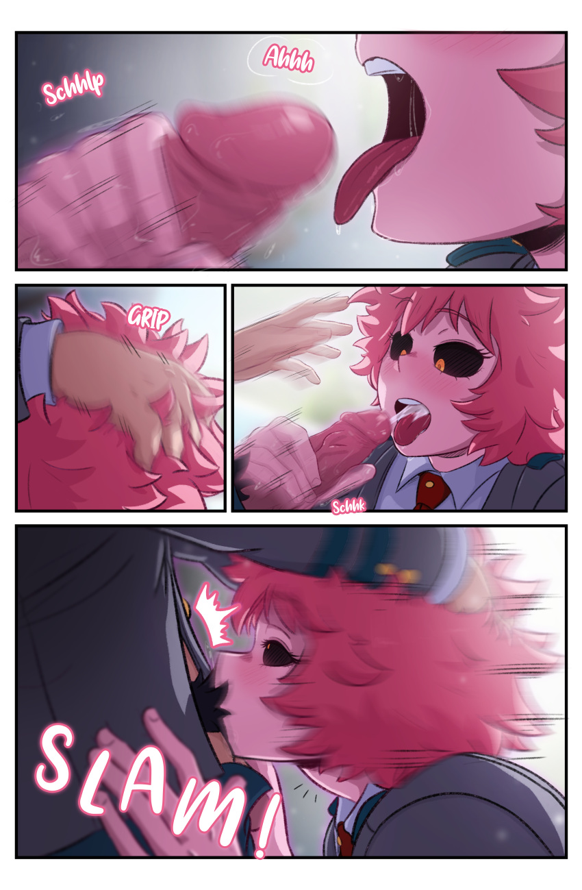 absurd_res ashido_mina clothing duo ejaculation female greatm8sfm hair hi_res horn horned_humanoid humanoid male male/female my_hero_academia necktie oral pink_body pink_hair pink_skin pubes quirked_human_(my_hero_academia) shirt topwear white_clothing white_shirt white_topwear