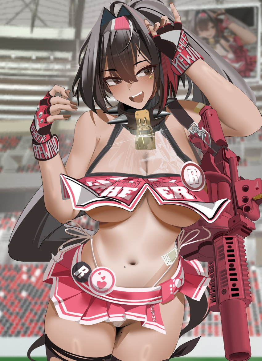 1girl :d ahoge bandaid bandaid_on_arm bandaid_on_stomach bare_shoulders bay_(nikke) black_hair black_nails black_thighhighs blush breasts cheerleader cleavage collar crop_top dark-skinned_female dark_skin fingerless_gloves gloves goddess_of_victory:_nikke grenade_launcher hair_between_eyes hair_intakes headband highleg highleg_panties highres large_breasts lock long_hair looking_at_viewer mole mole_on_stomach mole_on_thigh mole_under_mouth multicolored_hair nail_polish navel padlock padlocked_collar panties phantasmaliagon ponytail red_hair see-through see-through_cleavage shoulder_strap side-tie_panties smile solo spiked_collar spikes stadium star_sticker sticker_on_face stomach streaked_hair teeth thighhighs thighs torn_clothes torn_thighhighs two-tone_gloves two-tone_skirt two-tone_tank_top underboob underwear upper_teeth_only very_long_hair weapon white_panties