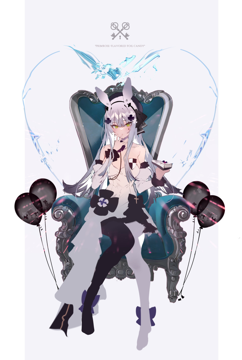 absurdres animal_ears asymmetrical_legwear balloon bare_shoulders beret black_ribbon cake chair collarbone dress facial_mark finger_to_mouth food girls'_frontline green_eyes grey_hair hairband hat highres hk416_(girls'_frontline) hk416_(herbal-flavored_hard_candy)_(girls'_frontline) holding holding_cake holding_food mismatched_legwear official_alternate_costume purple_hat rabbit_ears ribbon sitting soukou_makura splashing strapless strapless_dress teardrop teardrop_facial_mark teardrop_tattoo water white_dress