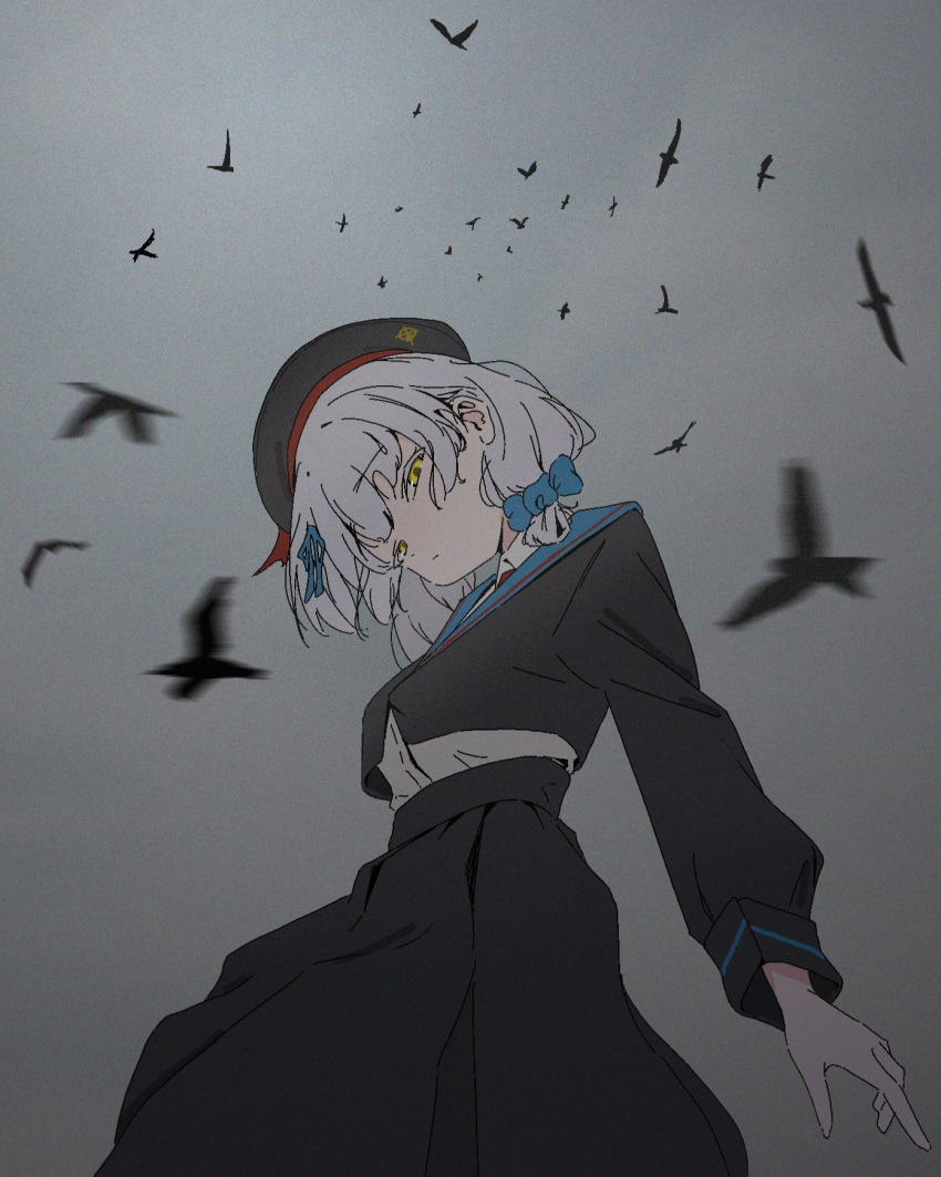 1girl :/ arm_at_side bird black_serafuku blue_bow blue_sailor_collar bow closed_mouth commentary crow dot_nose expressionless foreshortening from_below gujin_(tp_acid) hair_bow highres kudou_chitose long_bangs long_sleeves looking_at_viewer medium_hair motion_blur nijisanji outdoors overcast pleated_skirt sailor_collar school_uniform serafuku sidelocks simple_bird skirt sky sleeve_cuffs solo symbol-only_commentary virtual_youtuber white_hair yellow_eyes