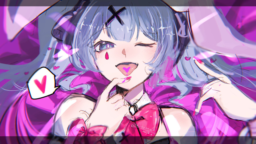 1girl ;p bare_shoulders blue_eyes blue_hair bow bowtie commentary_request dated detached_collar finger_to_own_chin fingernails grey_eyes grey_hair hair_ornament hane_(kakuhane) hatsune_miku heart highres long_hair looking_at_viewer nail_polish one_eye_closed open_mouth pink_bow pink_bowtie pink_nails portrait rabbit_hole_(vocaloid) red_nails smile solo spoken_heart teardrop_facial_mark tongue tongue_out twintails twitter_username vocaloid x_hair_ornament