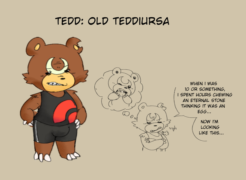 anthro bear chewing claws english_text fan_character generation_2_pokemon grumpy male mammal nintendo old olozva pokemon pokemon_(species) sharp_teeth size_difference sleeveless_shirt slightly_chubby smaller_male solo teddiursa teeth text