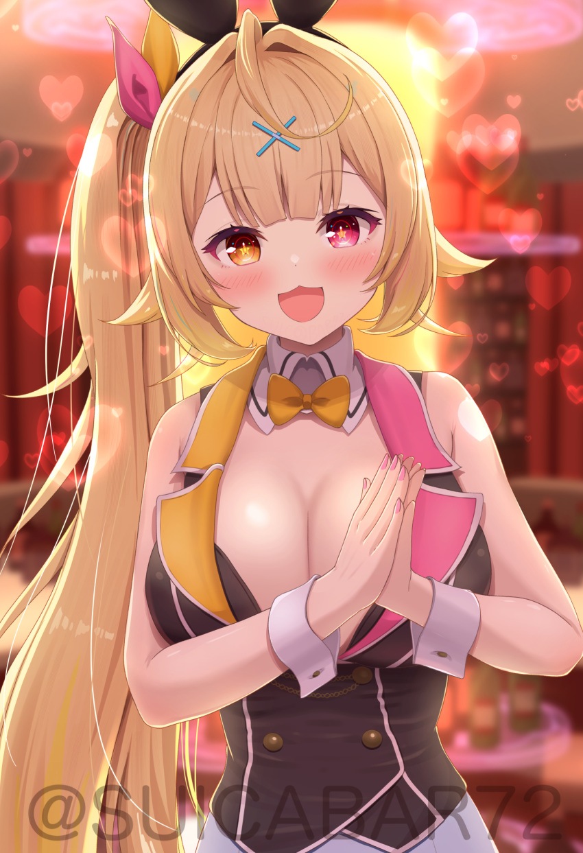 1girl :d animal_ears blurry blurry_background bow bowtie breasts bunny_garden cleavage detached_collar fake_animal_ears hair_ornament hair_ribbon heart heterochromia highres hoshikawa_sara long_hair looking_at_viewer nijisanji open_mouth orange_eyes parody rabbit_ears red_eyes ribbon shirt side_ponytail sleeveless sleeveless_shirt smile solo star-shaped_pupils star_(symbol) suicabar72 symbol-shaped_pupils upper_body very_long_hair virtual_youtuber wrist_cuffs x_hair_ornament