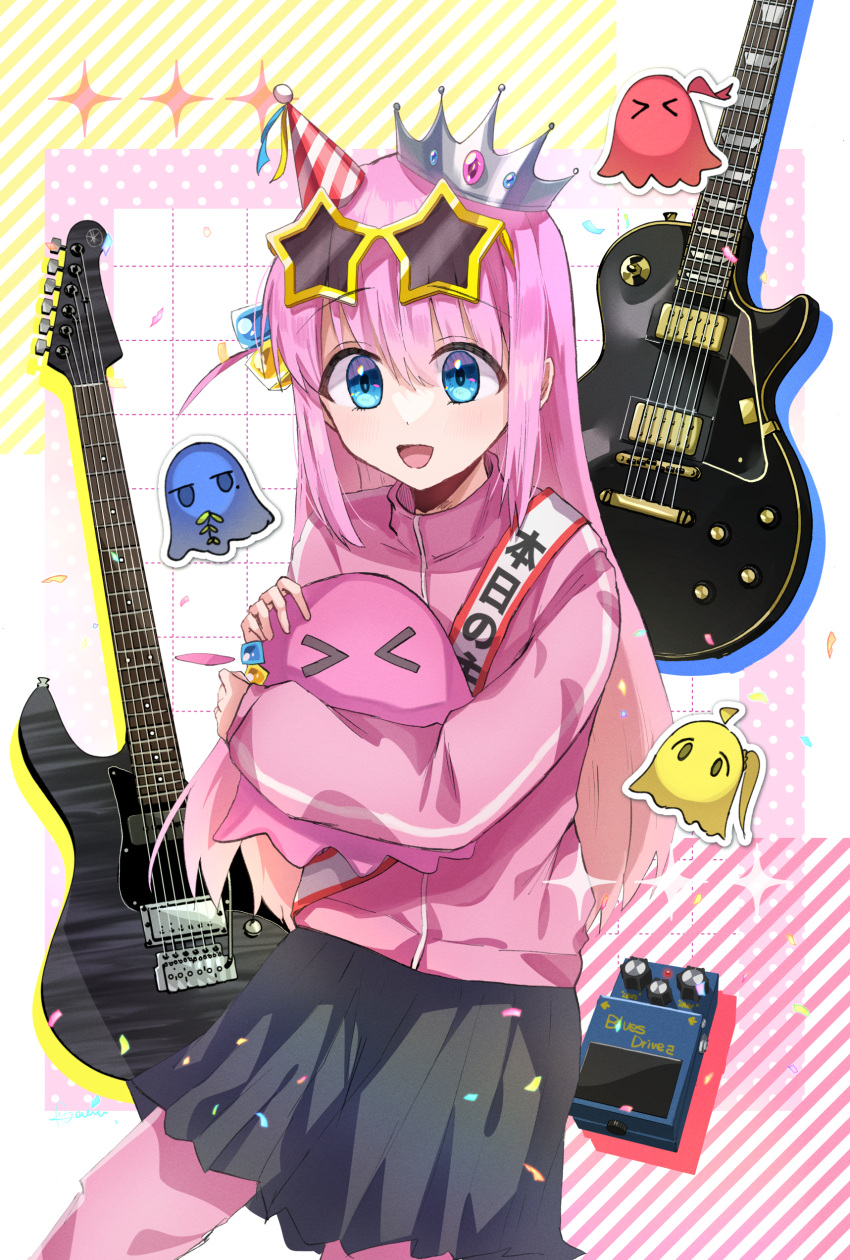 1girl absurdres bass_guitar birthday birthday_sash black_skirt blue_eyes bocchi_the_rock! crown cube_hair_ornament electric_guitar gotoh_hitori gotoh_hitori_(octopus) guitar hair_ornament hat highres hiyoko_biimu instrument jacket long_hair party_hat pink_hair pink_jacket pink_thighhighs skirt smile star-shaped_eyewear star_(symbol) synthesizer thighhighs