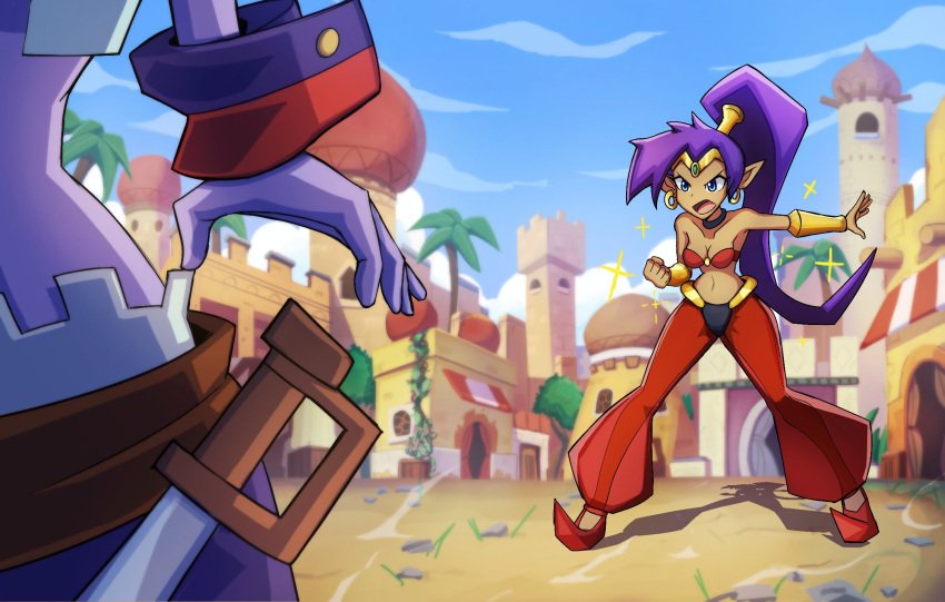 blue_eyes breasts brown_body brown_skin clothing cloud day detailed_background duo ear_piercing ear_ring female genie hair hi_res human humanoid humanoid_pointy_ears long_hair mammal not_furry piercing ponytail purple_hair ring_piercing risky_boots shantae shantae_(series) stickiezblue wayforward