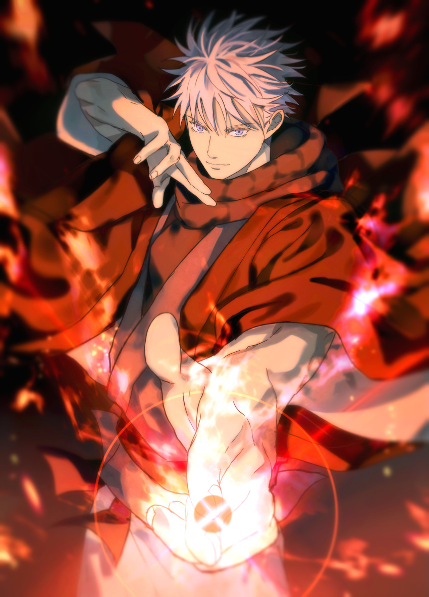 1boy absurdres black_background black_robe blue_eyes blurry cowboy_shot depth_of_field energy fighting_stance gojou_satoru hair_between_eyes highres jujutsu_kaisen light_smile male_focus pointing pointing_at_viewer red_theme robe solo white_hair yoon_(dmsco1803)