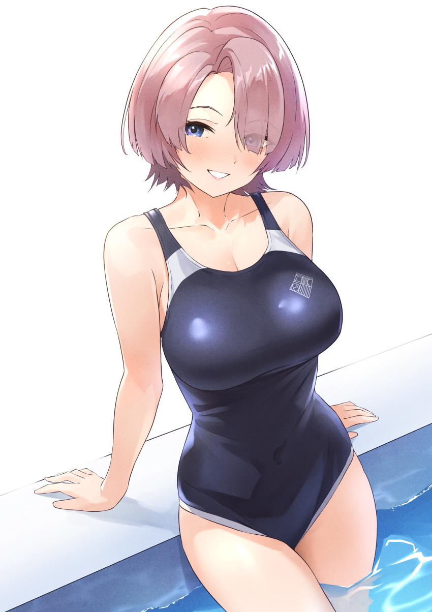 1girl absurdres arimura_mao arm_support b1ack_illust blue_eyes blush breasts cleavage collarbone competition_school_swimsuit gakuen_idolmaster hair_over_one_eye highres idolmaster large_breasts looking_at_viewer pink_hair pool poolside refraction school_swimsuit smile solo swimsuit