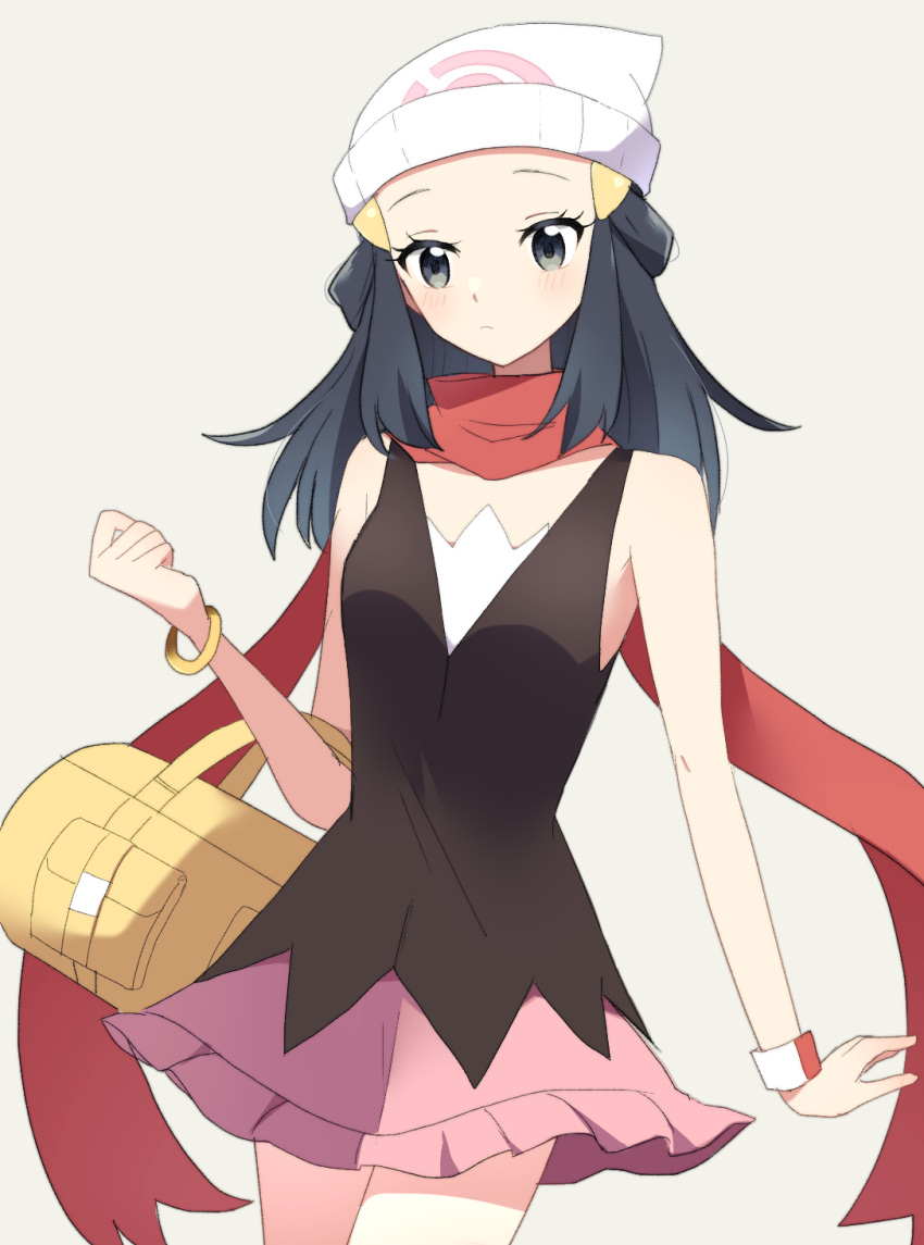 1girl bag beanie black_hair blush bracelet clenched_hand closed_mouth commentary_request cowboy_shot dawn_(pokemon) duffel_bag eyelashes grey_background grey_eyes hair_ornament hairclip hat highres jewelry long_hair ohn_pkmn pokemon pokemon_dppt red_scarf scarf shirt sidelocks skirt sleeveless sleeveless_shirt solo white_hat yellow_bag