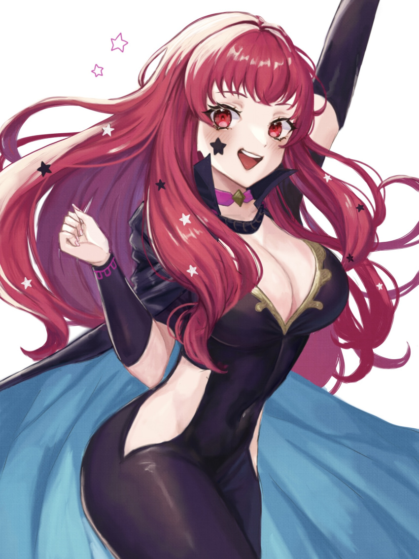 1girl :d arm_up bodysuit breasts choker cleavage commentary_request covered_navel cowboy_shot facial_mark fire_emblem fire_emblem_engage highres hip_vent large_breasts long_hair looking_at_viewer open_mouth pink_choker red_eyes red_hair redrawn simple_background smile solo standing star_(symbol) thighs very_long_hair white_background yunaka_(fire_emblem) zqzbq