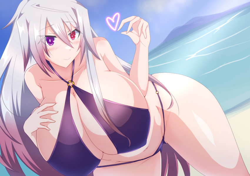 1girl beach bikini blush breasts gigantic_breasts heterochromia highres huge_breasts multicolored_hair original purple_eyes red_eyes red_hair swimsuit two-tone_hair violet26483 white_hair