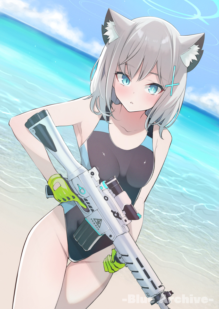 1girl absurdres animal_ear_fluff animal_ears assault_rifle beach black_one-piece_swimsuit blue_archive blue_eyes blue_sky breasts cloud competition_swimsuit cowboy_shot cross_hair_ornament day dutch_angle extra_ears gloves green_gloves grey_hair gun hair_ornament halo highres horizon kojima_takeshi medium_breasts medium_hair mismatched_pupils multicolored_clothes multicolored_swimsuit ocean official_alternate_costume one-piece_swimsuit outdoors rifle shiroko_(blue_archive) shiroko_(swimsuit)_(blue_archive) sky solo swimsuit thigh_gap weapon wolf_ears